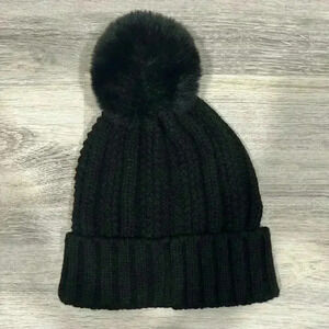 Vince Camuto Black Faux Fur Pompom Acrylic Knit Beanie Winter Snow Hat OS